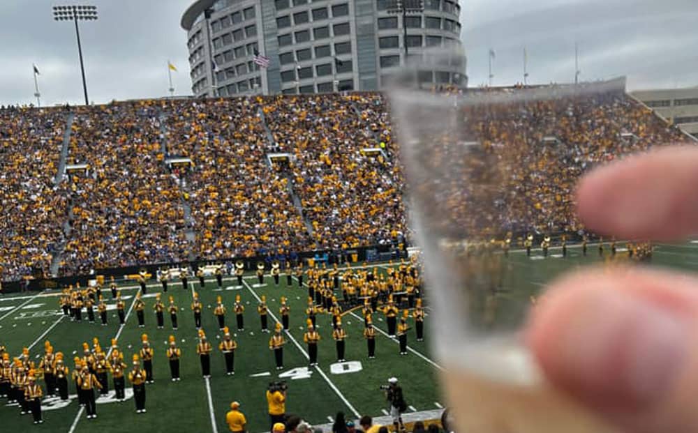 View of football band, fans, and Children's hospital at Hawkeye Game
